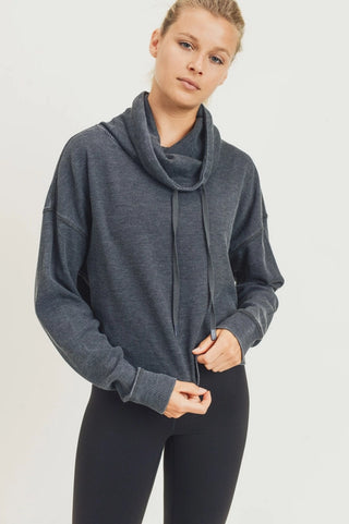 Boxy Mineral-Washed Cowl-Neck Pullover with Waffle Knit