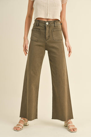 STRAIGHT WIDE LEG PANTS WITH FRONT POCKET: Washed Brown /