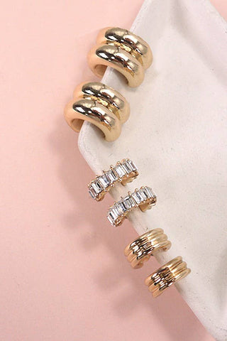 BAGUETTE STONE DOUBLE HOOP HUGGIE TRIO EARRINGS | Gold
