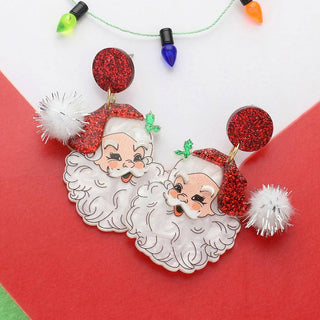 Glittered Resin Pom Santa Dangle Earrings: Pink