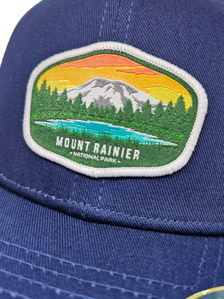 Mount Rainier National Park Snapback Trucker Hat w/ Patch: Brown on Khaki