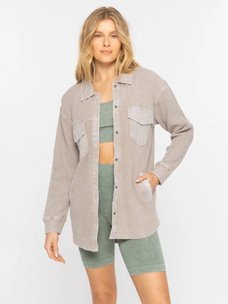 Waffle Knit Mineral-Washed Button Down Jacket- Smokey Taupe