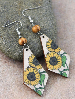 Sunflower Print Wooden Earrings