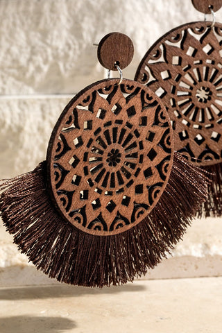 Rustic Natural Wood Filigree with Tassel Earrings