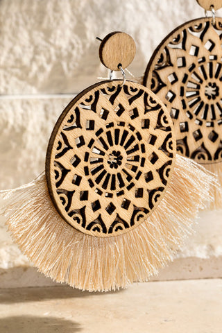 Rustic Natural Wood Filigree with Tassel Earrings