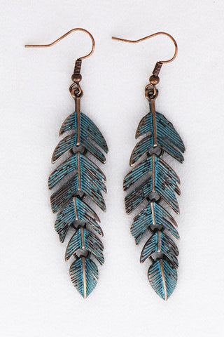 Boho Patina Turquoise Feather Drop Earrings