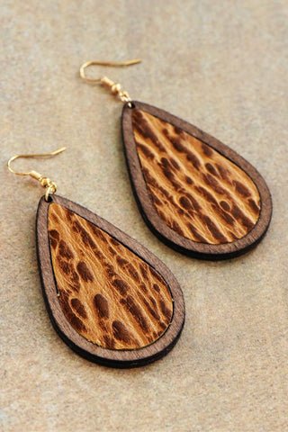 Boho Teardrop Wood Earrings with Embossed Leather