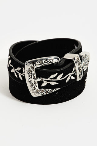 Floral Embroidered Faux Leather Buckle Belt