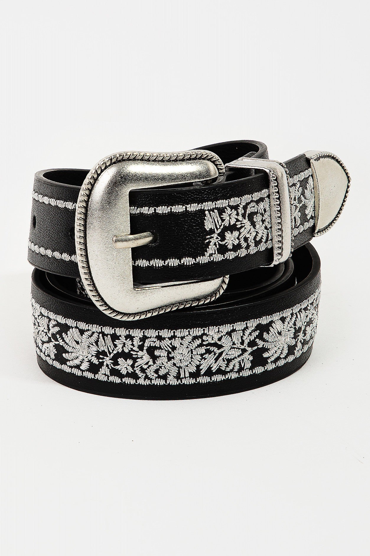 Embroidered Faux Leather Buckle Belt
