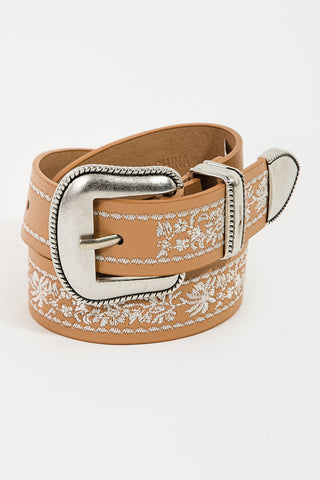 Embroidered Faux Leather Buckle Belt