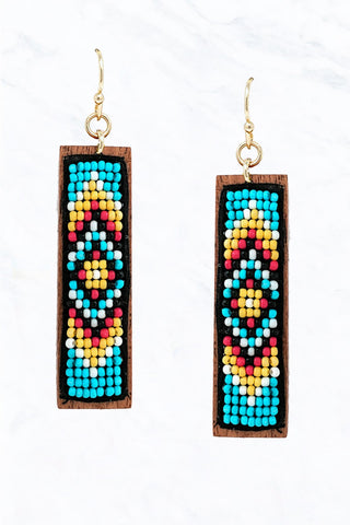 Aztec Pattern Seed Bead Wooden Rectangle Earrings