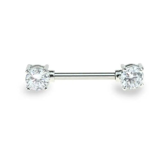 14GA-Double Round Cz Prong Set 316L Surgical Steel Nipple Bar