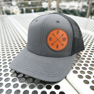Leather PNW Arrows Patch Hat, Curved Bill Trucker